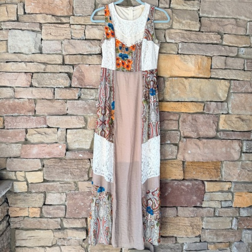 Ryu Womens Small Boho Patchwork Tan Floral Paisley Lace Sleeveless Maxi Dress